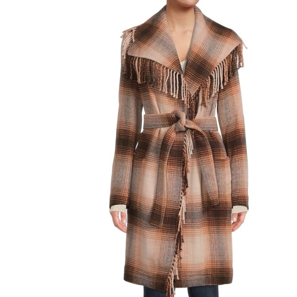 ELIE TAHARI BROWN TAN PLAID FRINGE
EDGE OPEN FRONT COAT WITH BELT LARGE